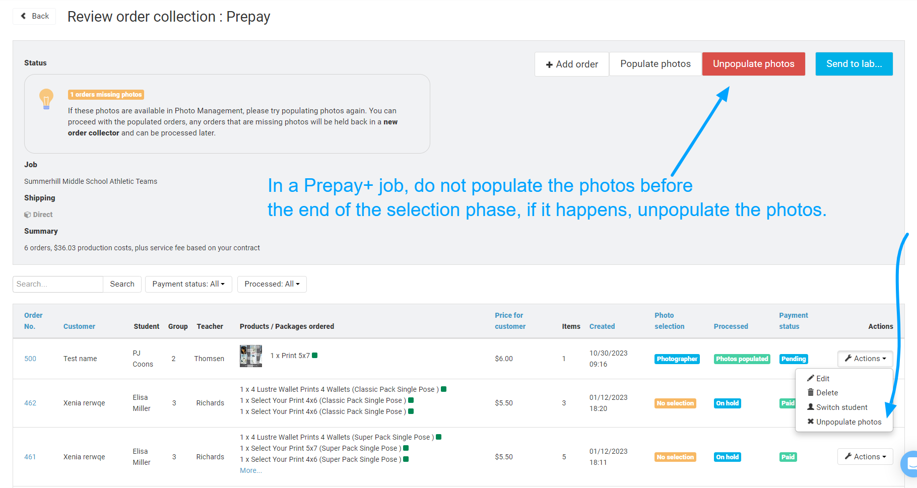 Populate photos and Unpopulate buttons in order collector