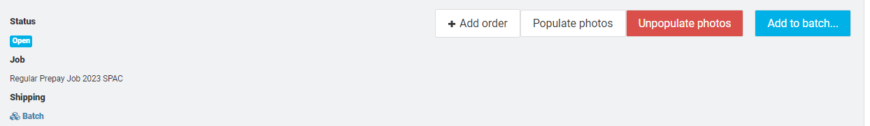 Open prepay job screen with options to add, populate, unpopulate photos, or add to batch.