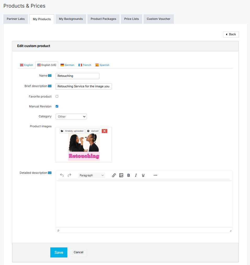 Example configuration fields for a retouching service product