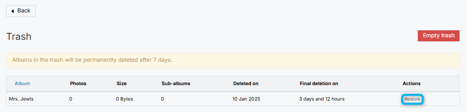 Restore button for album in Trash
