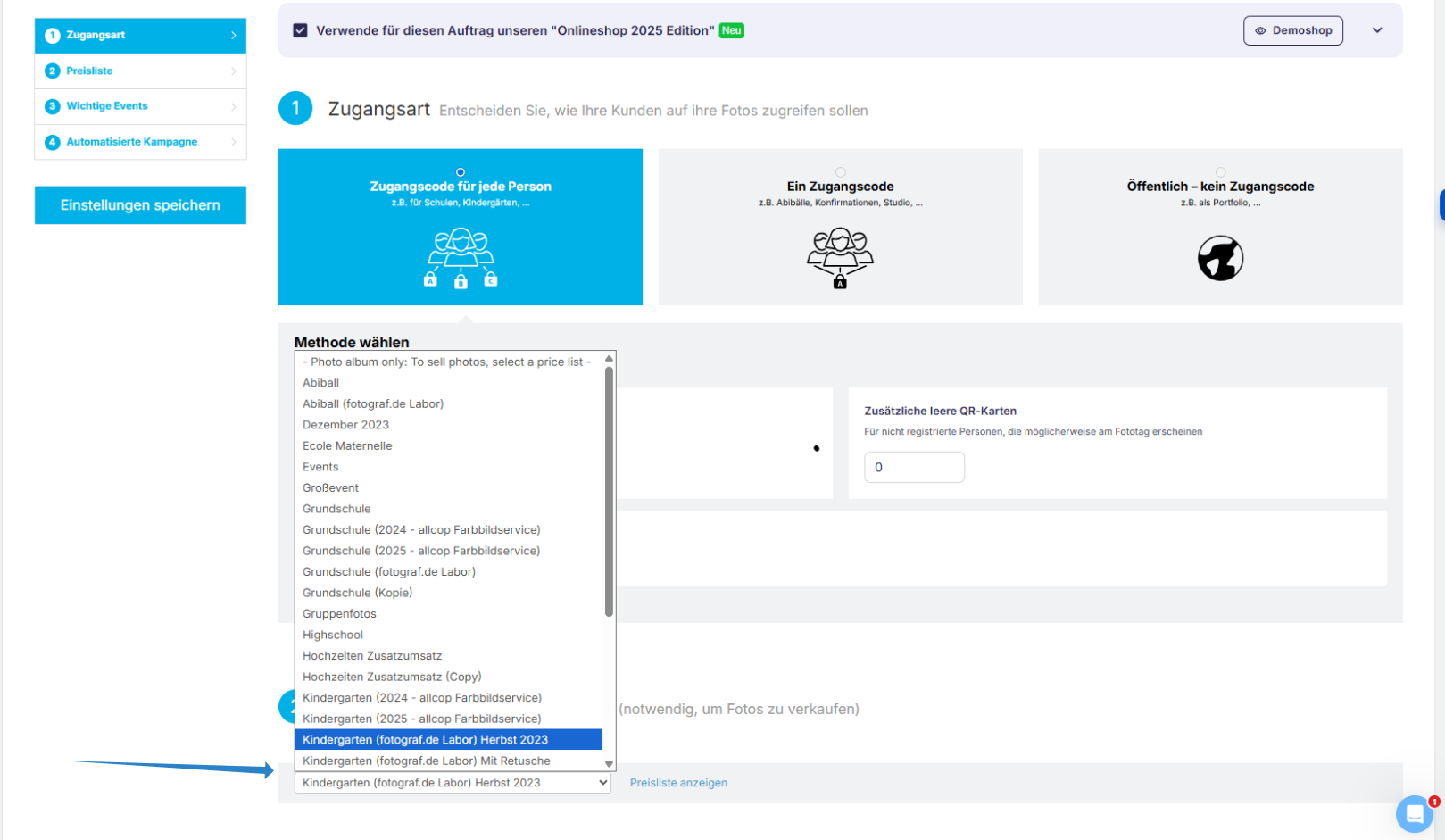 Dropdown zur Auswahl der Preisliste in den Auftragseinstellungen