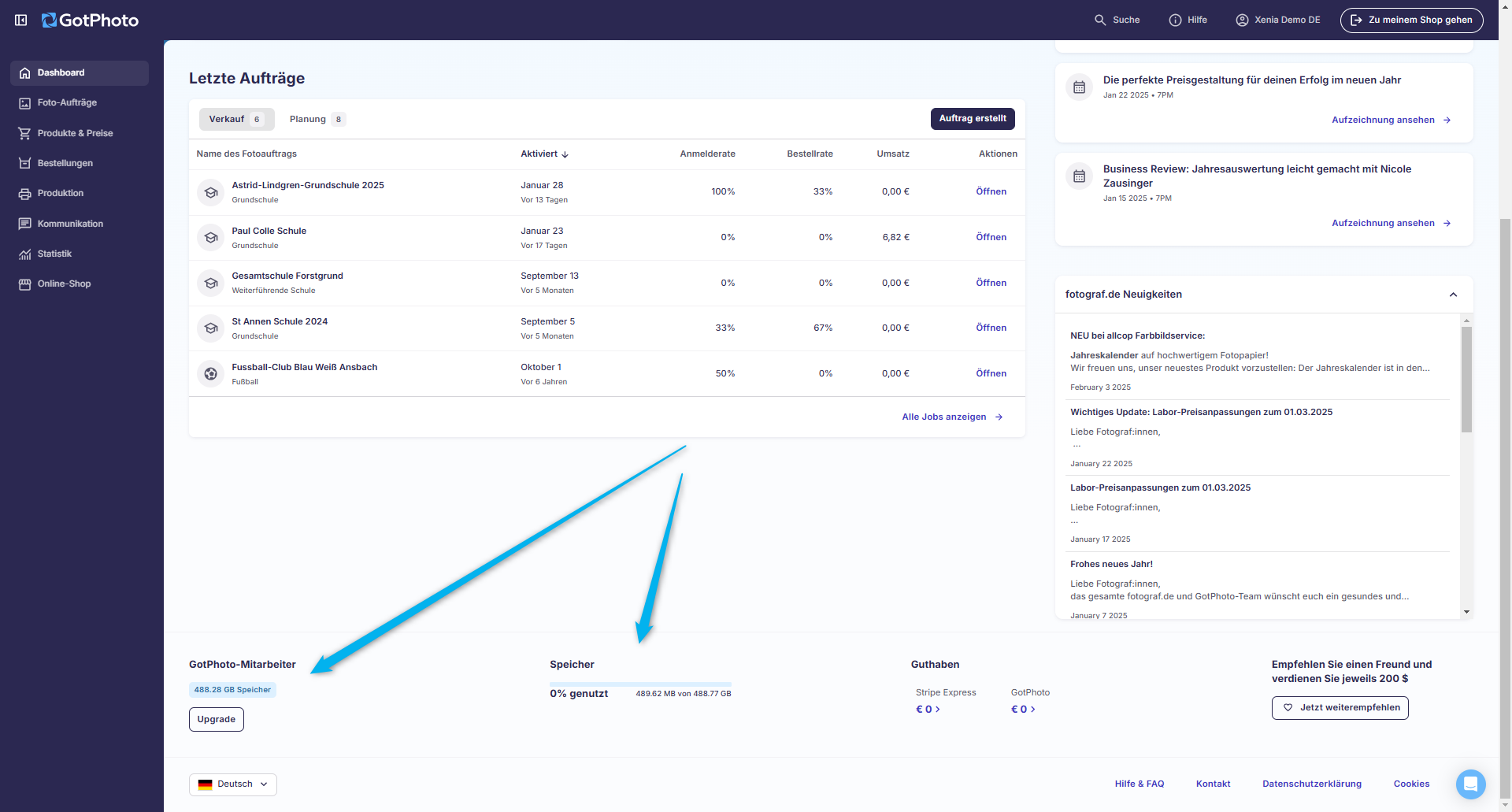 Speicheranzeige im Dashboard