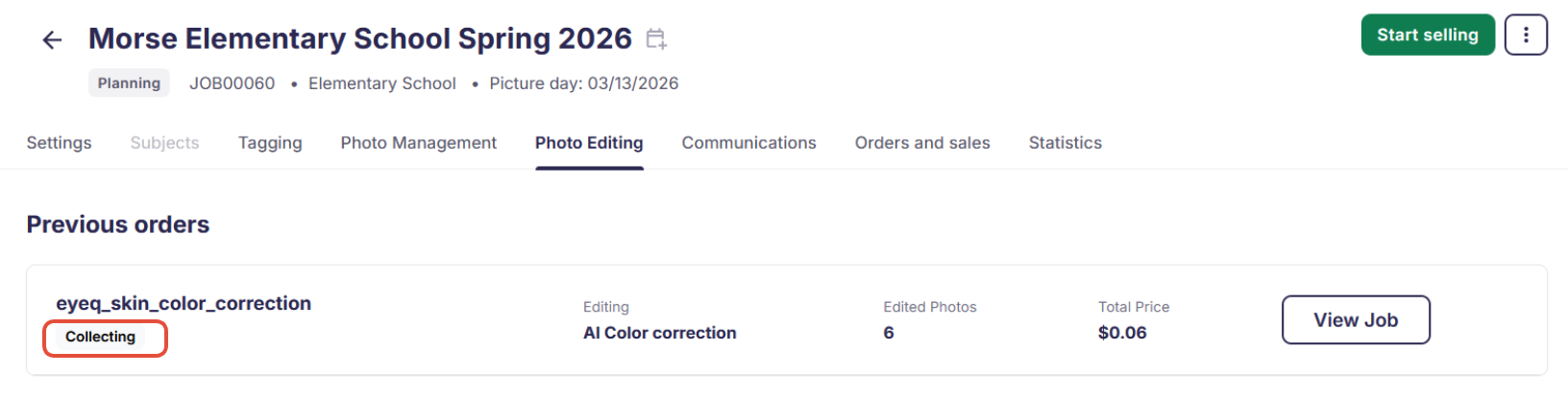 Editing tab status "Collecting"