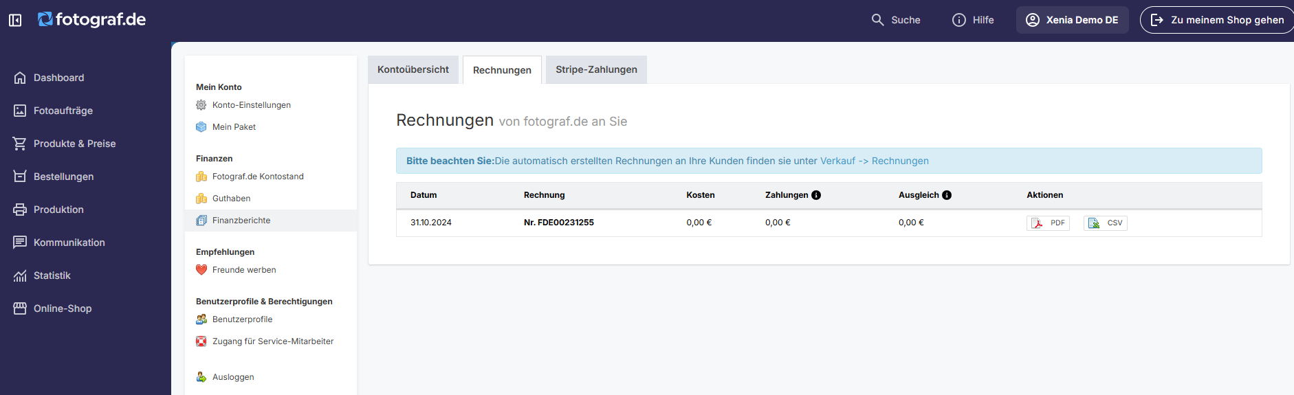 Ansicht der Rechnungsübersicht im Konto.
