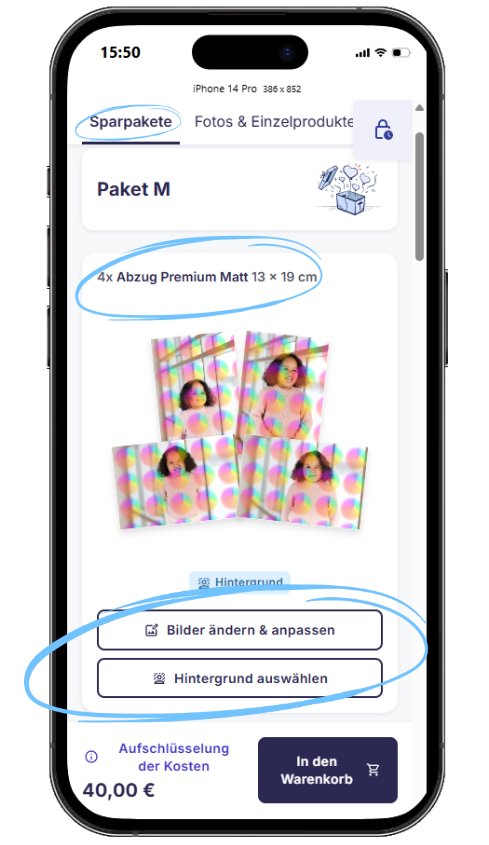 Schaltfläche zur Hintergrundauswahl bei einem Produkt im Paket