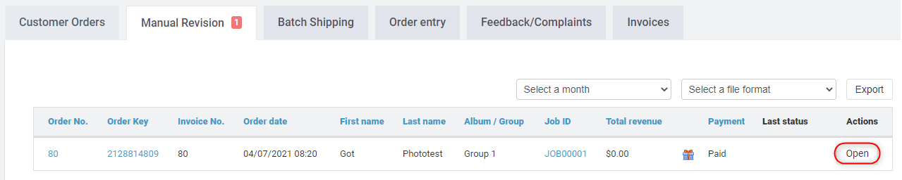 Orders page showing manual revision tab