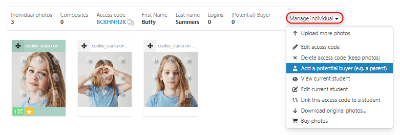 Manage Individual dropdown showing the Add a potential buyer option.
