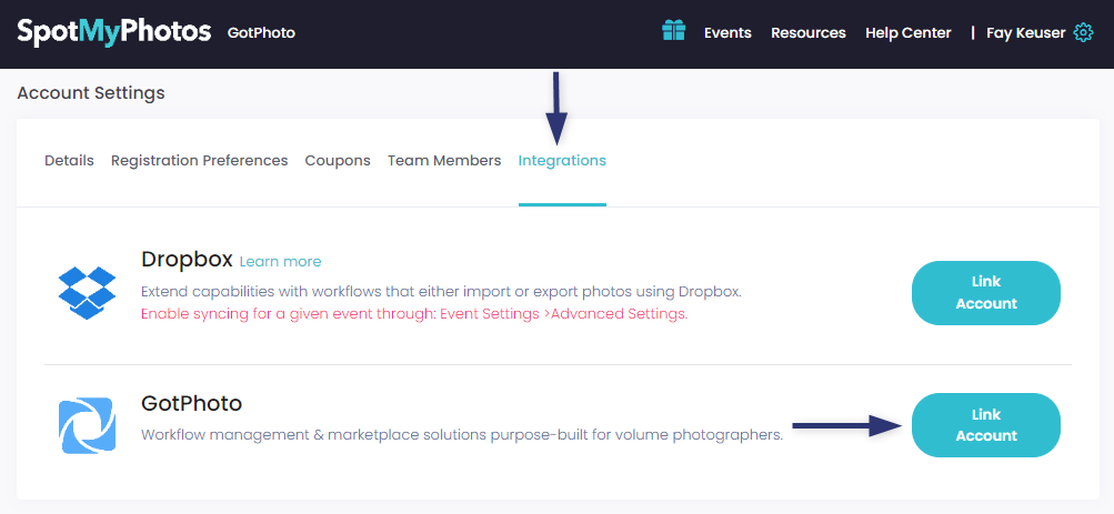SpotMyPhotos Account Settings screen showing Dropbox and GotPhoto integration options, each with a 'Link Account' button.