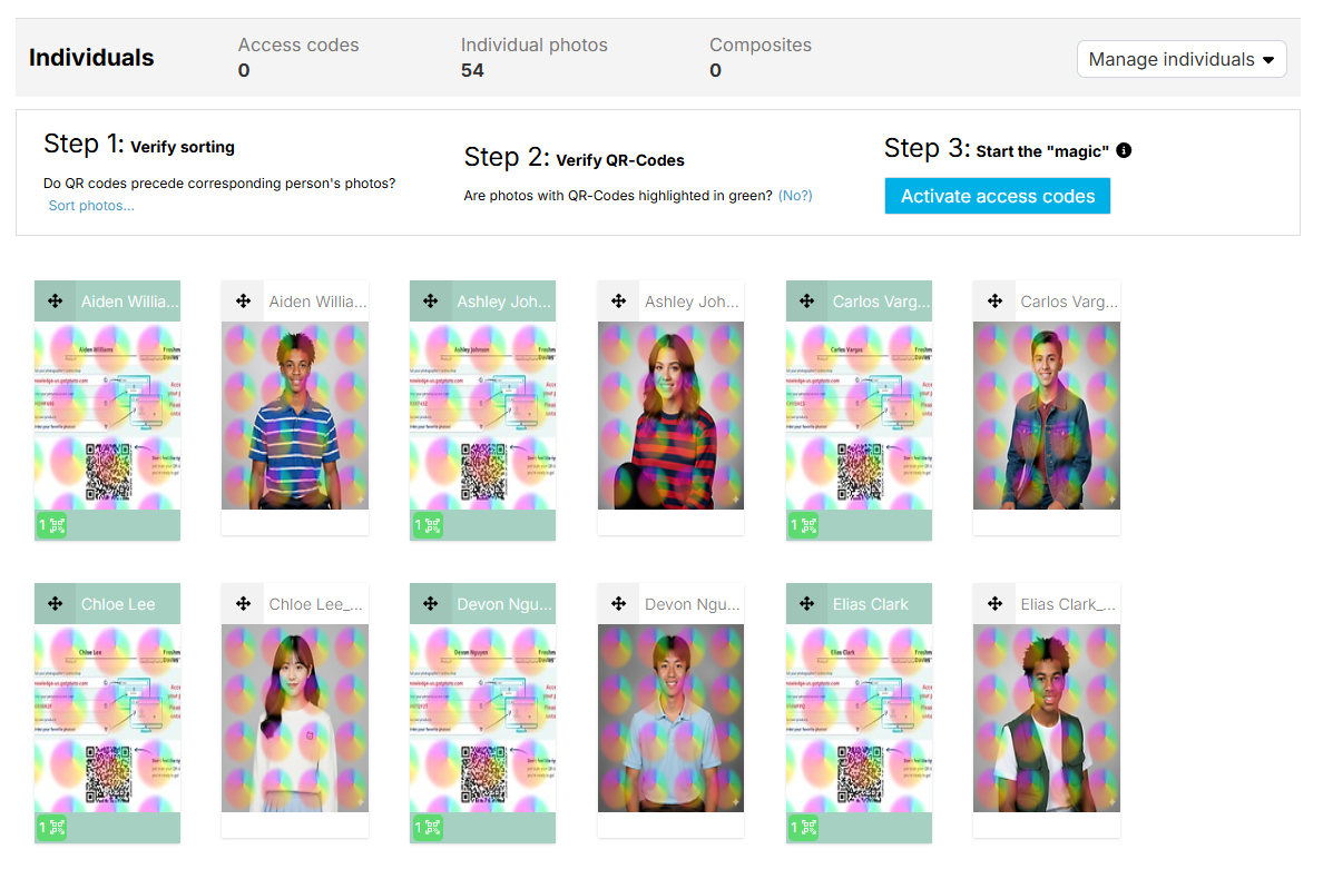Photos sorted by QR card followed by subject photos