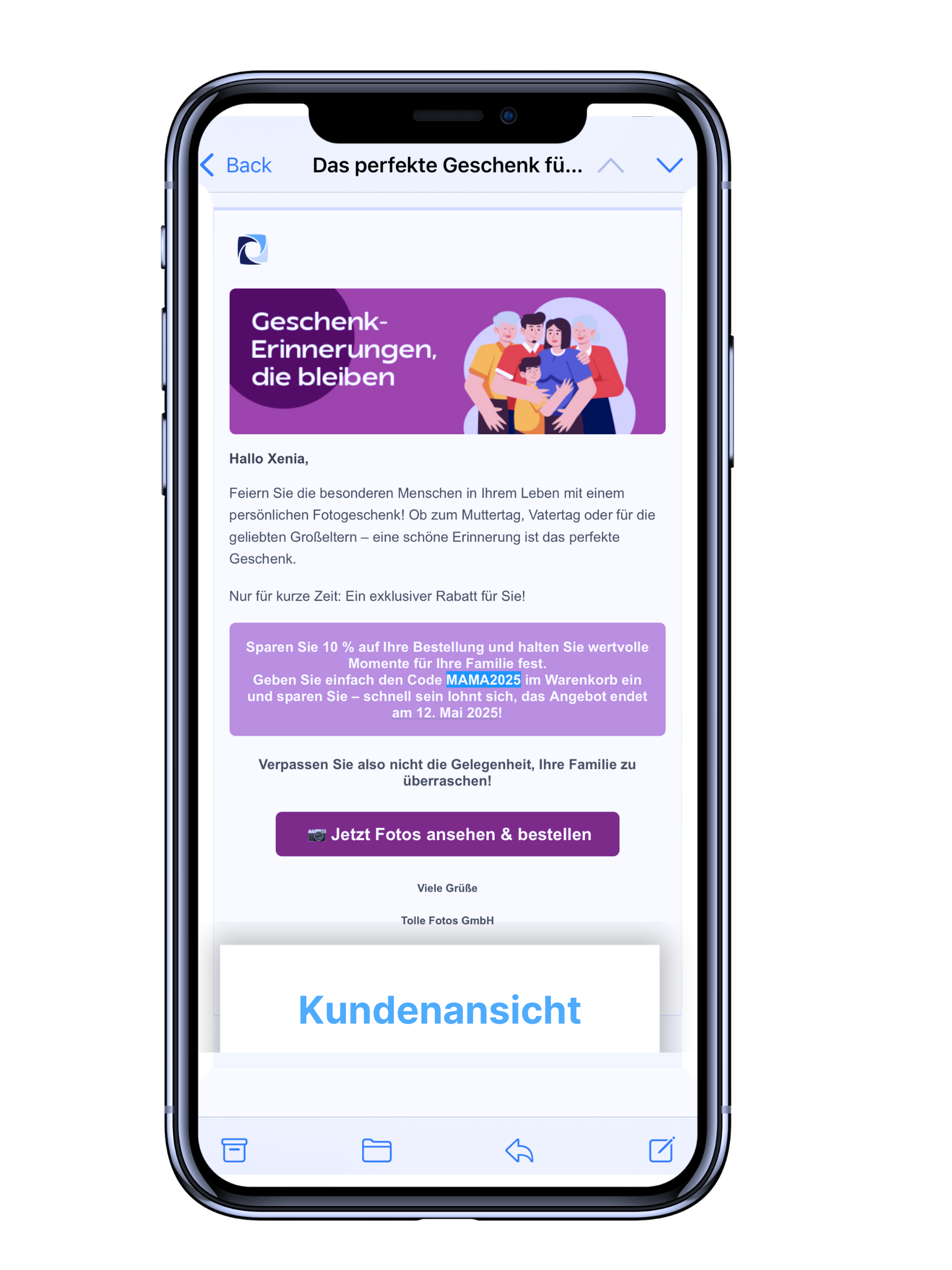 E-Mail-Vorschau für Kund:innen mit Rabattcode