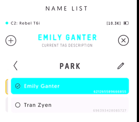 Screenshot showing a name in the Entagged app highlighted in turquoise.
