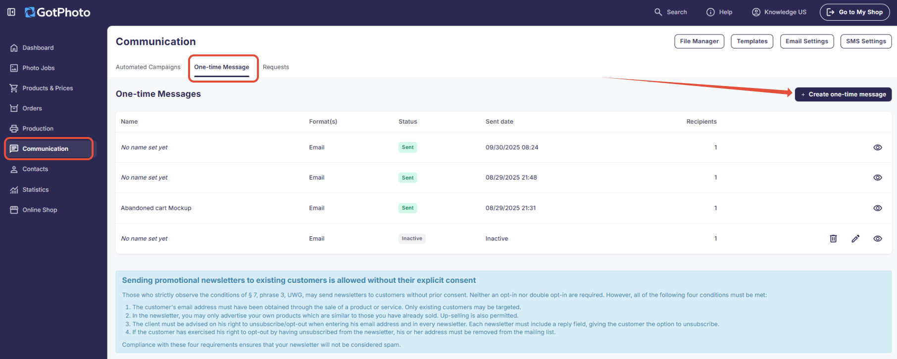 Access one-time messages from the main Communication page.