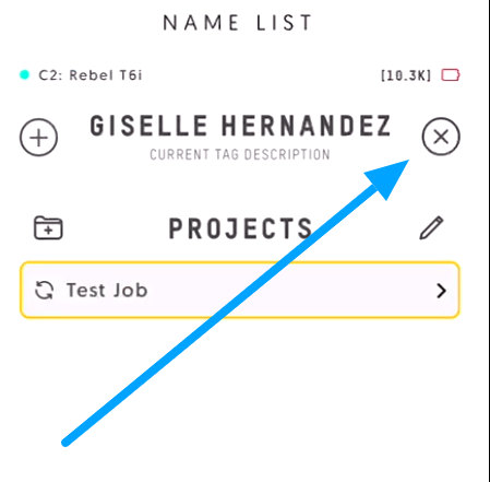 Screenshot showing the 'X' button to clear the current barcode in the Entagged app.