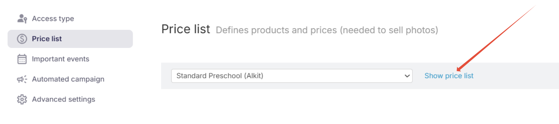 Show profile option displayed for selected price list.