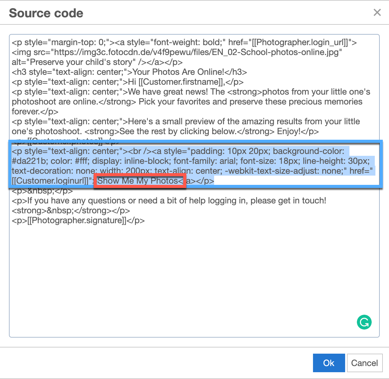 Source code view highlighting the CTA HTML section to copy