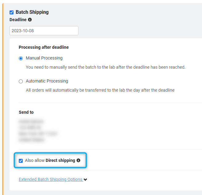 Checkbox labeled 'Also allow direct shipping' enabled in job settings.