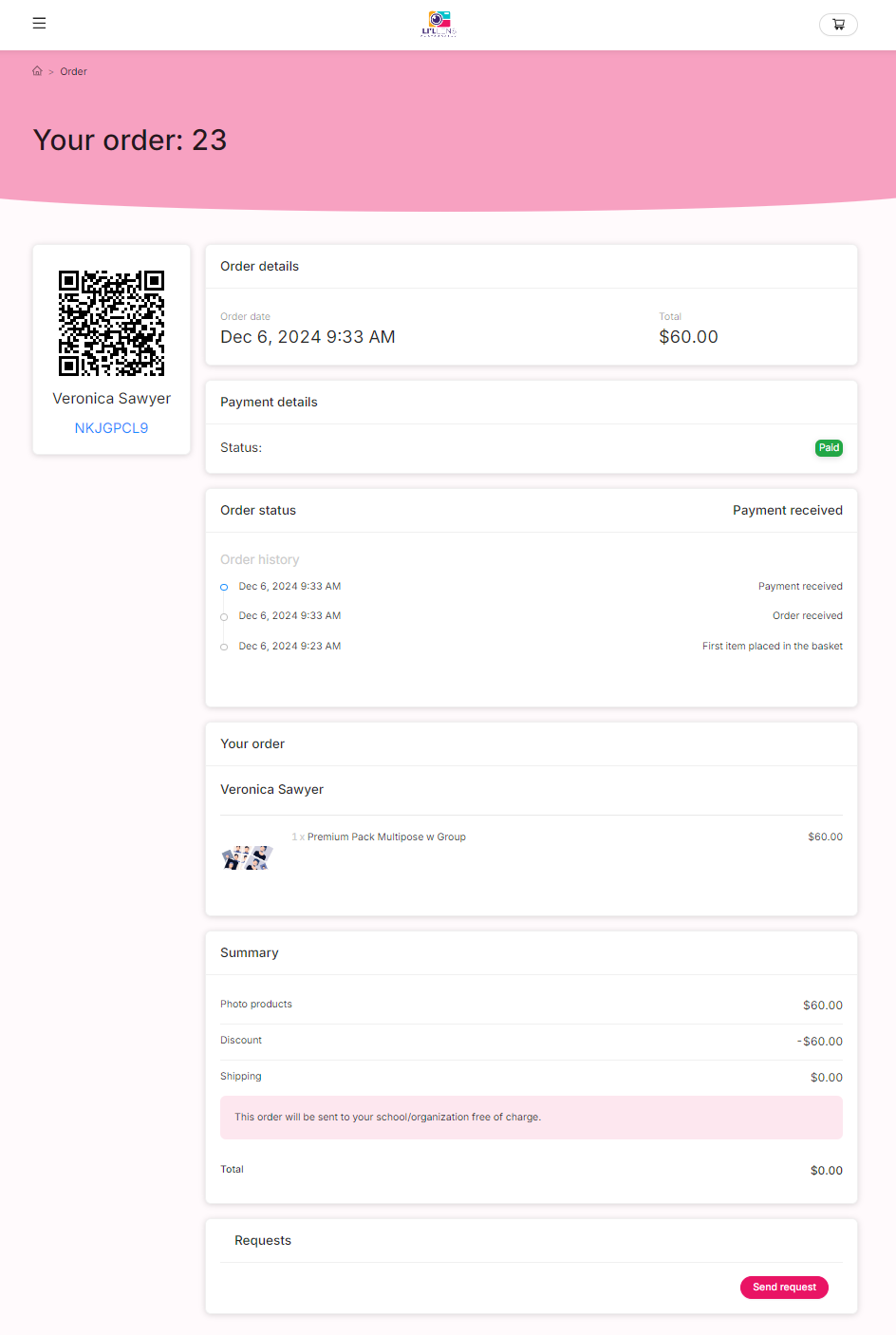 Order confirmation page with order details and a QR code.