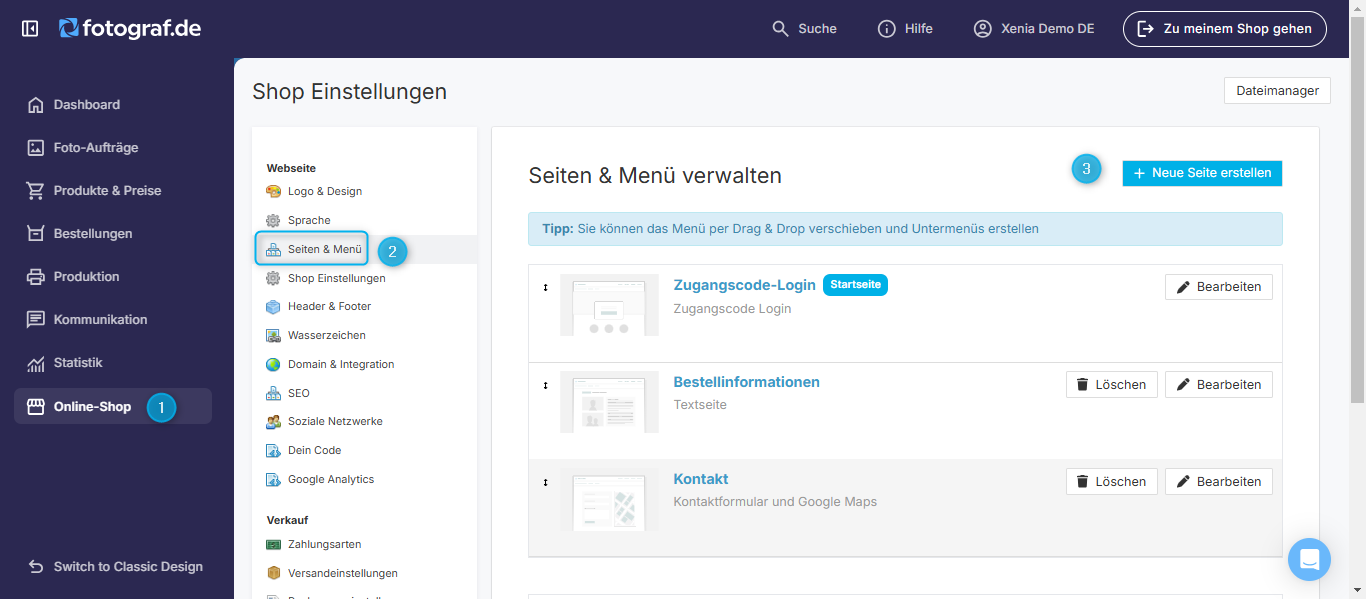 Menüpfad zum Erstellen einer neuen Seite