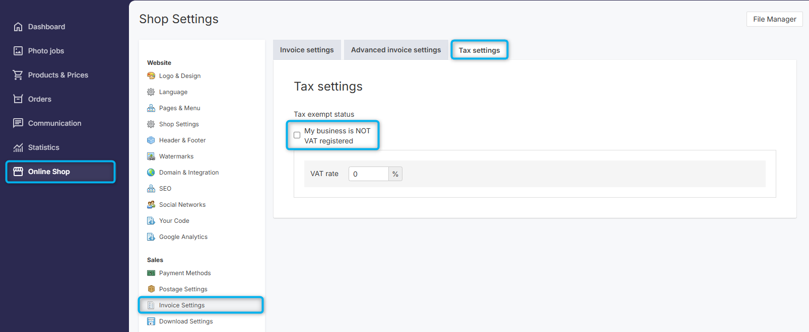 Tax settings screen for UK accounts