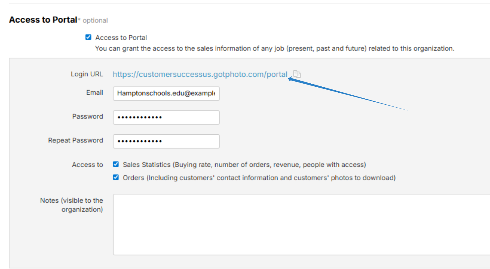School Portal settings screen showing permission options for statistics access and order access.