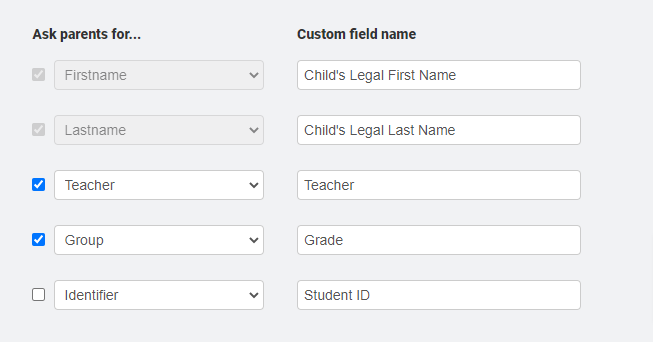 Settings for custom fields, showing checkboxes for Firstname, Lastname, Teacher, Group selected, and Identifier.