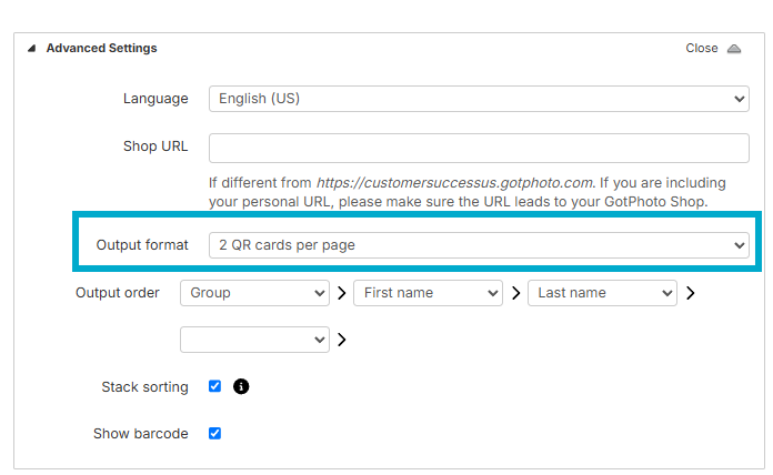 QR card output format and order settings