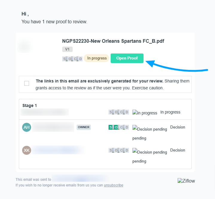 Proofing email showing Open Proof button