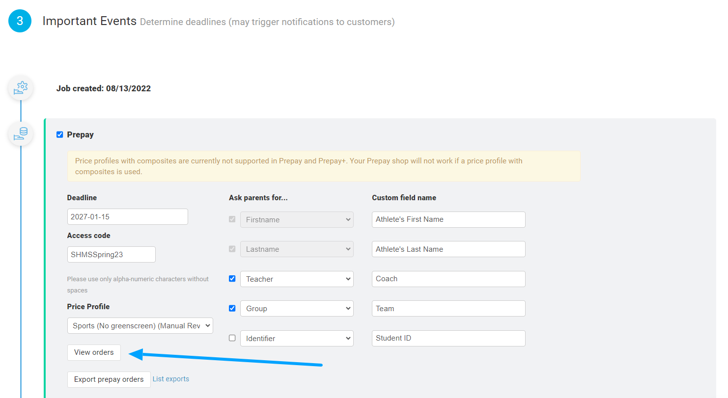 View orders button highlighted in Prepay settings