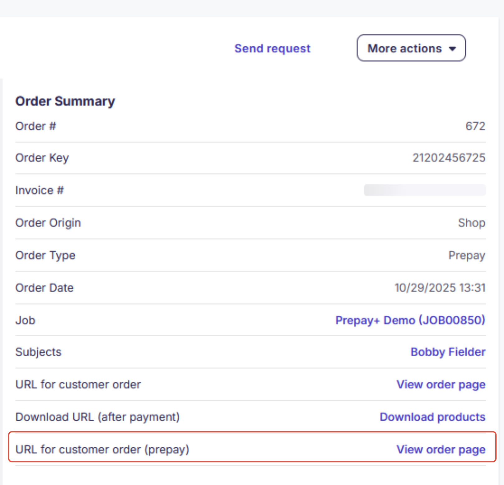 Screenshot of an order page showing 'More Info' section with photo selection link.