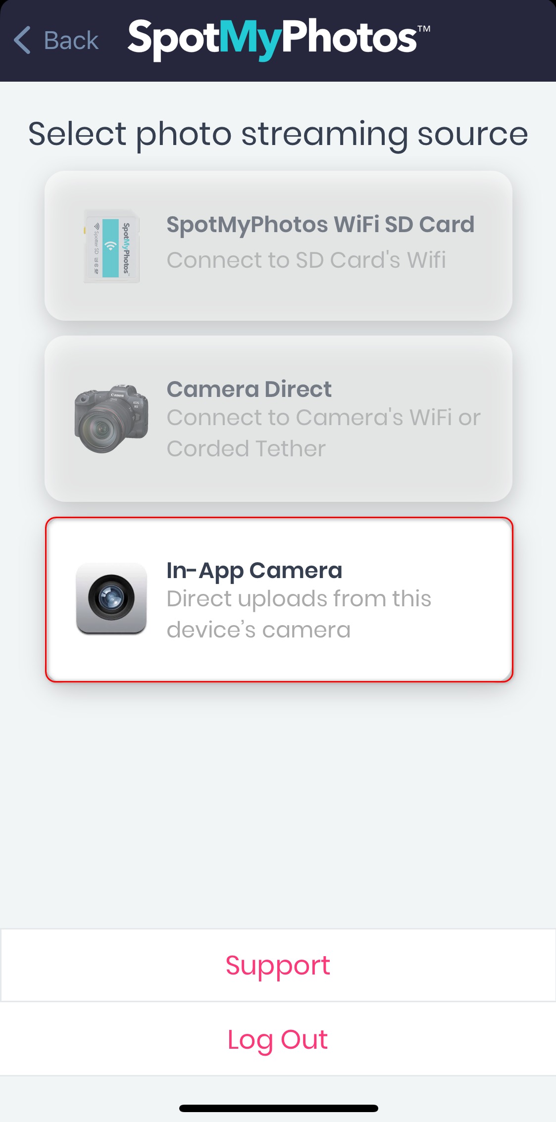 SpotMyPhotos app showing option to select 'In-App Camera' and 'GotPhoto Mode' for the Photo Job.