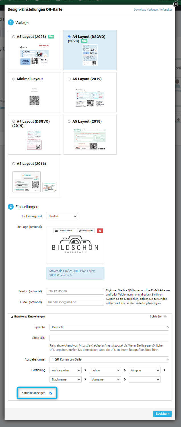 Einstellung „Barcode anzeigen“ für QR-Karten