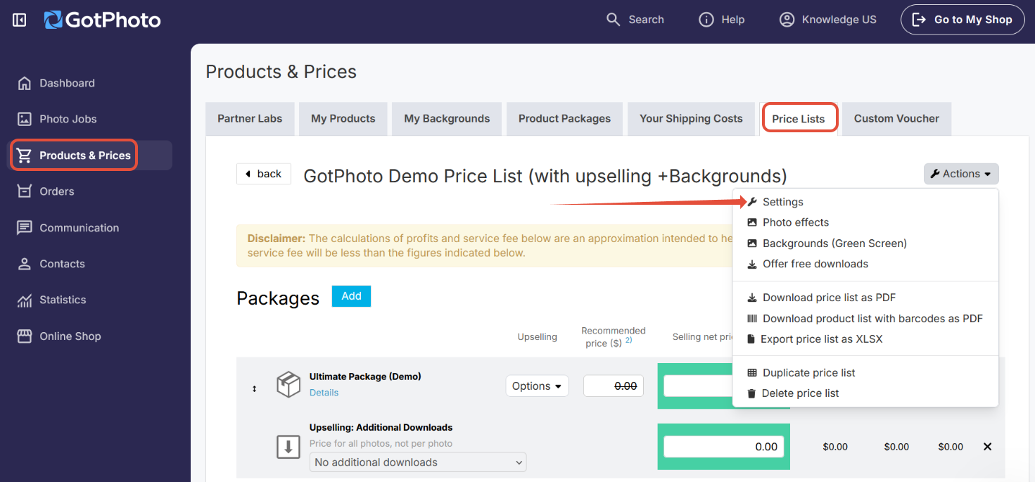 A screenshot shows the 'Actions' dropdown menu in the GotPhoto price list interface with 'Settings' highlighted.