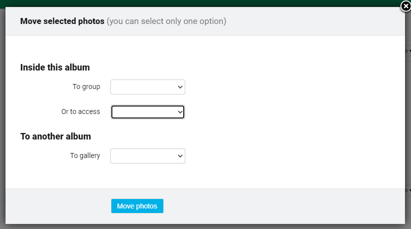 Menu to select album or access code for moving photos.