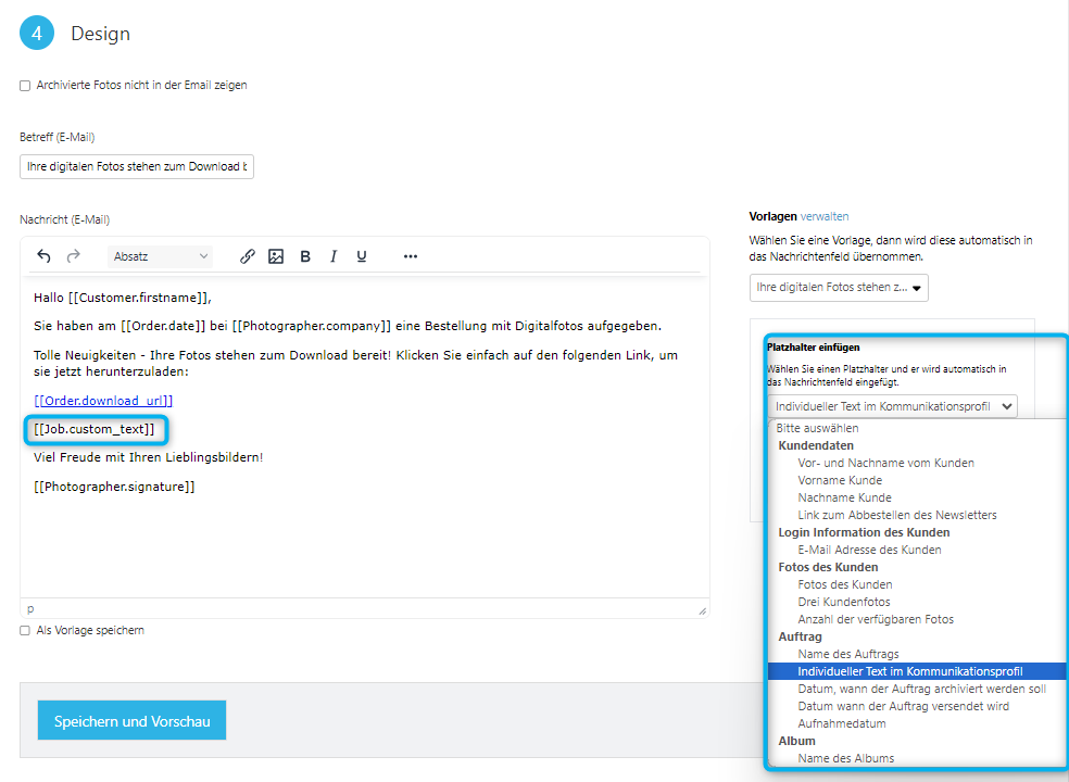 Platzhalter [[Job.custom_text]] im Nachrichteneditor