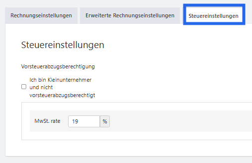 Steuereinstellungen mit Umsatzsteuerfeld
