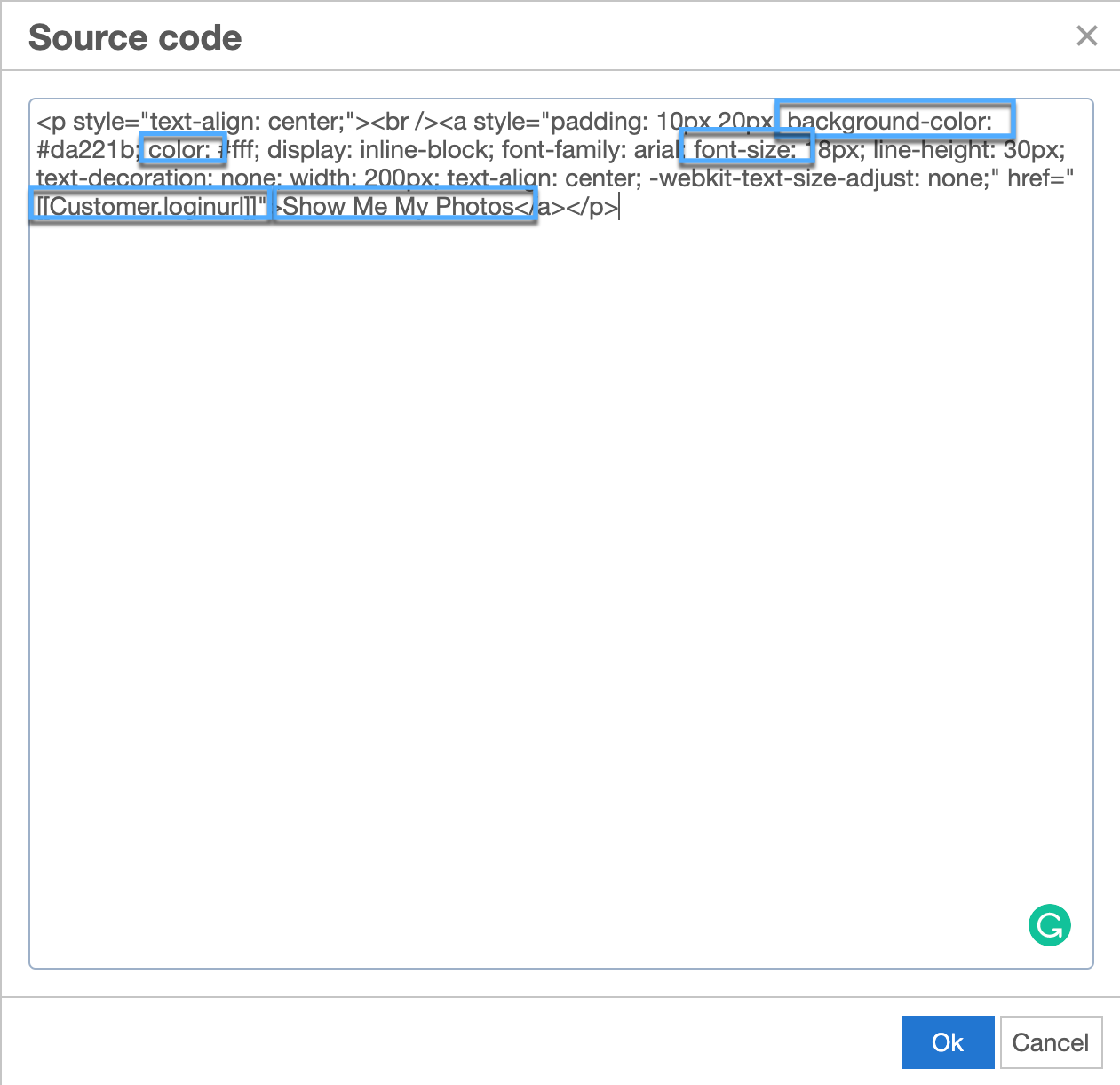 Editable CTA properties within the source code editor