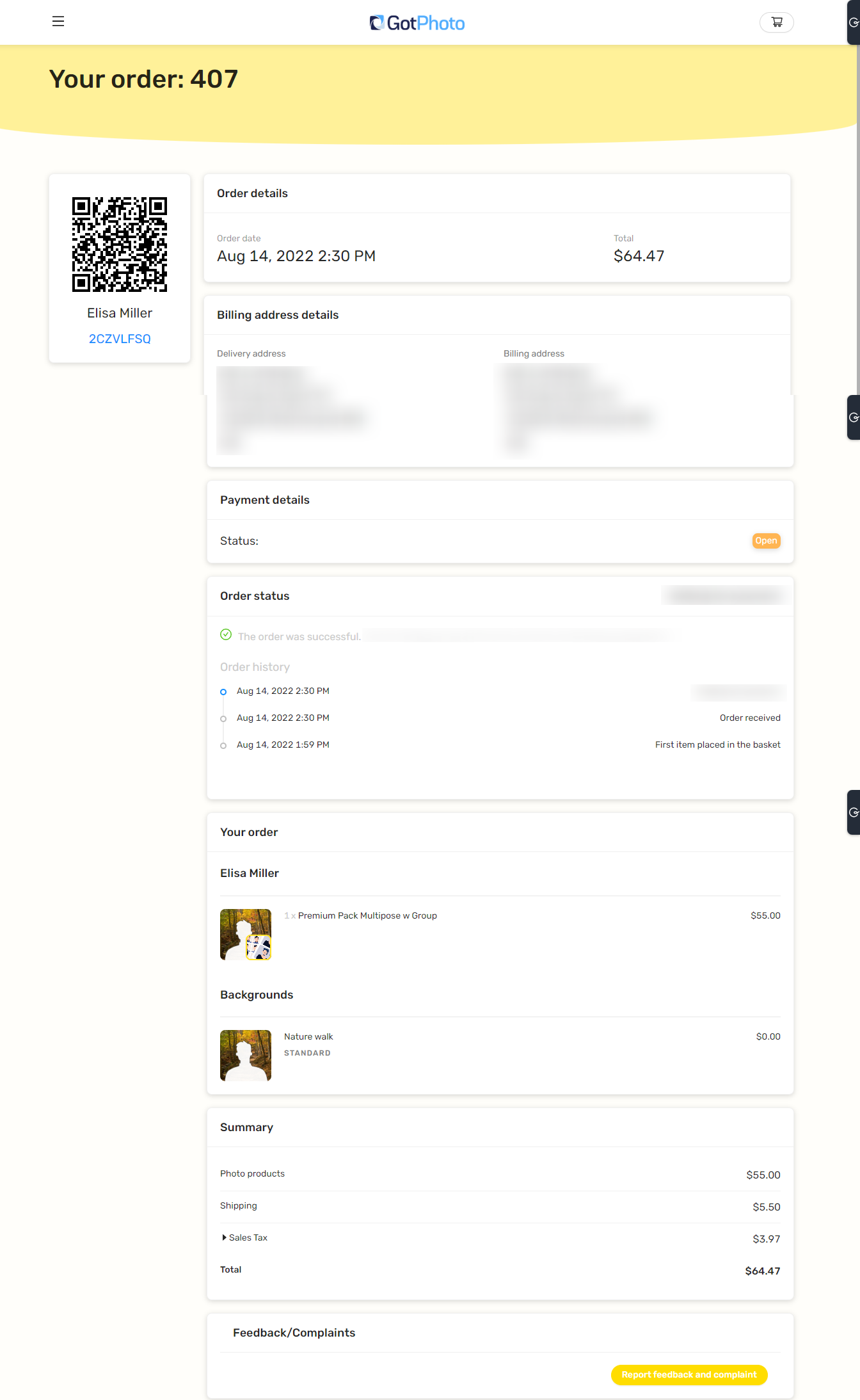 Order overview page