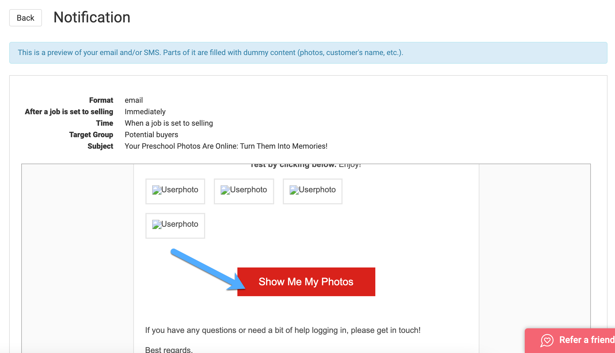 Demo communication profiles showing emails with CTA buttons