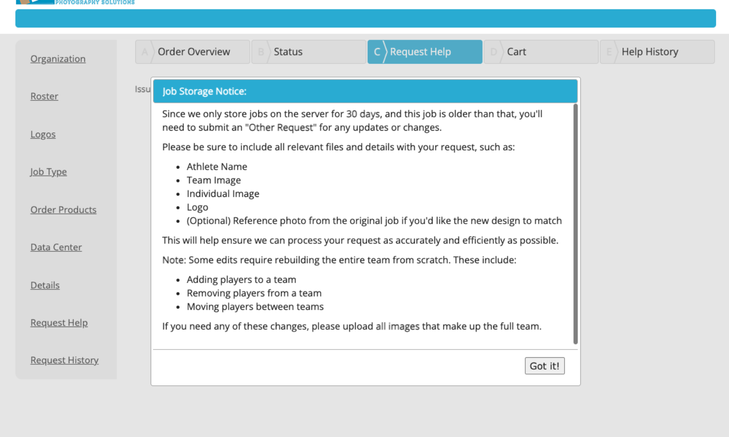 Example of 'other request' form after 30-day window