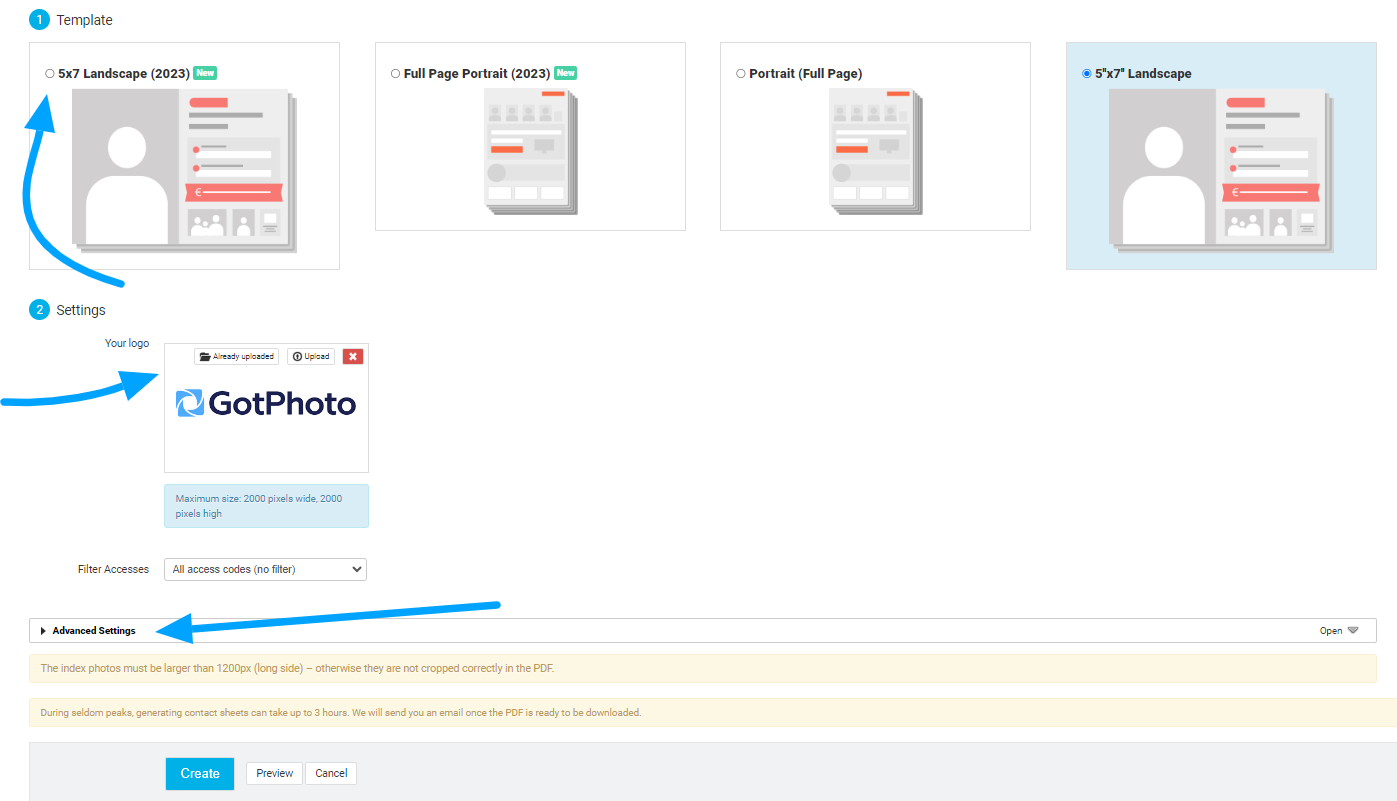 Create contact sheets confirmation button