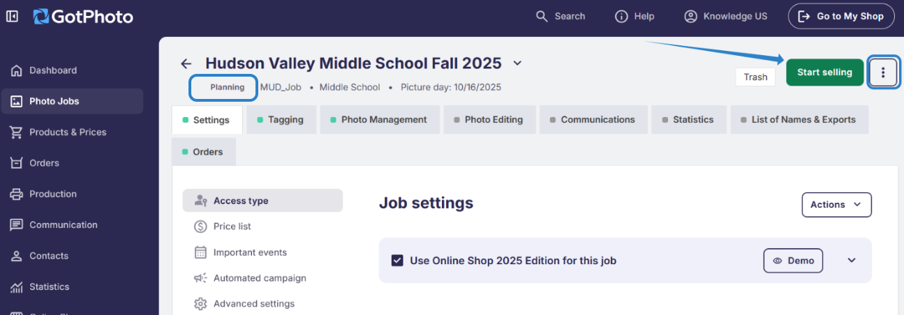 Planning status banner with Start Selling button and three-dot menu showing Prepay and Archive options.
