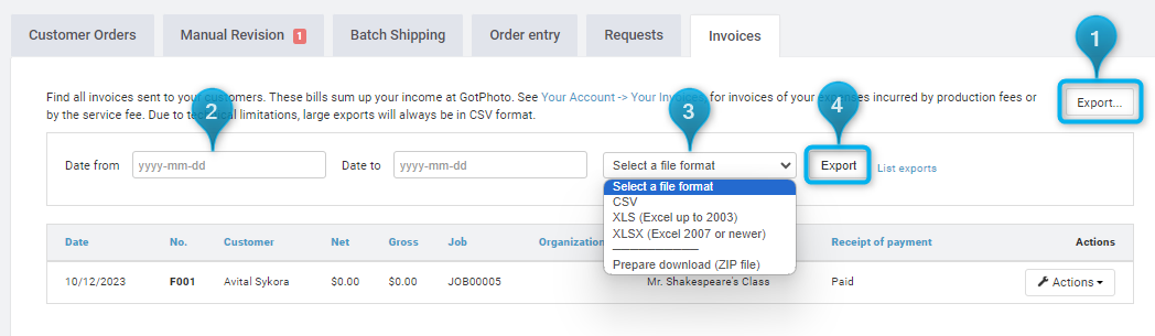 Export button and file format options