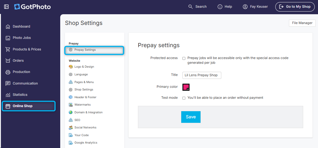 Prepay settings page showing key configuration options