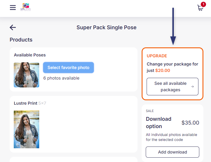 Screenshot showing upselling options and package upgrade.
