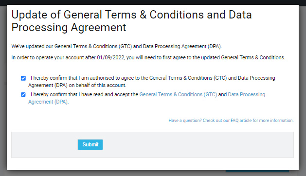 DPA acceptance pop-up with checkboxes