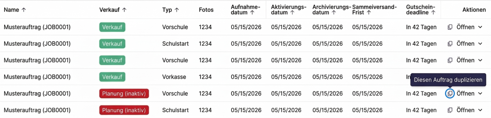 Screenshot: Ort der Duplizieren-Option im Fotoaufträge-Reiter