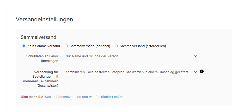 Ansicht der erweiterten Versandeinstellungen mit Sammelversand