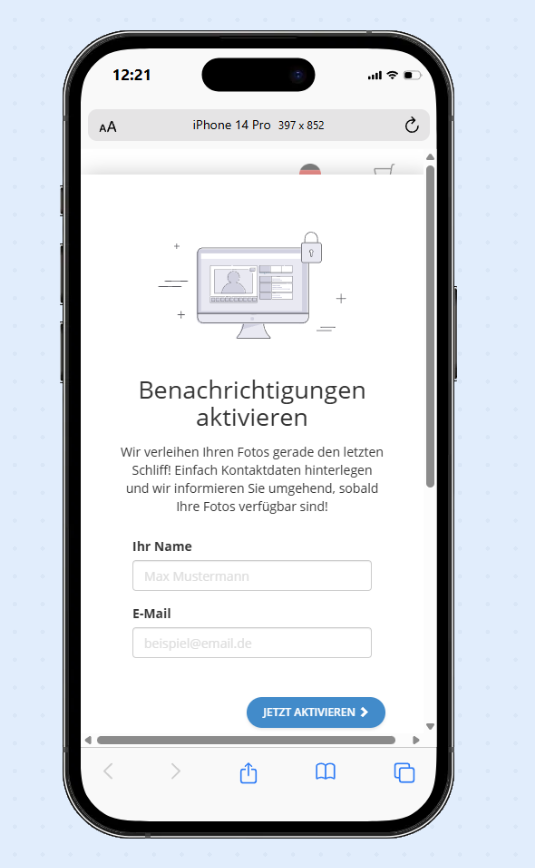 Anmeldeformular für Kund:innen zur Registrierung für Galeriebenachrichtigungen.