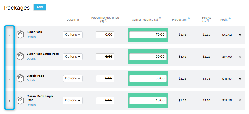 Dashboard view showing package order by price