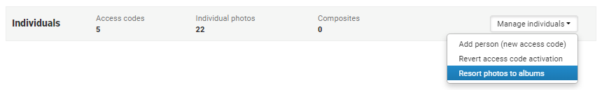 Dropdown menu in GotPhoto with 'Resort photos to albums' option selected.